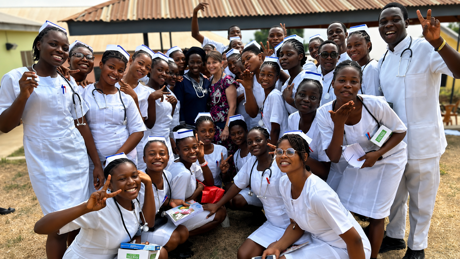 African female nursing student smiling in a hospital ward